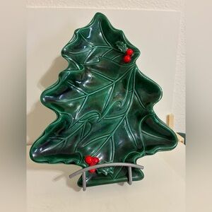 Vintage Lefton Japan Ceramic Christmas Tree Cookie Tray with Holly& Berries.